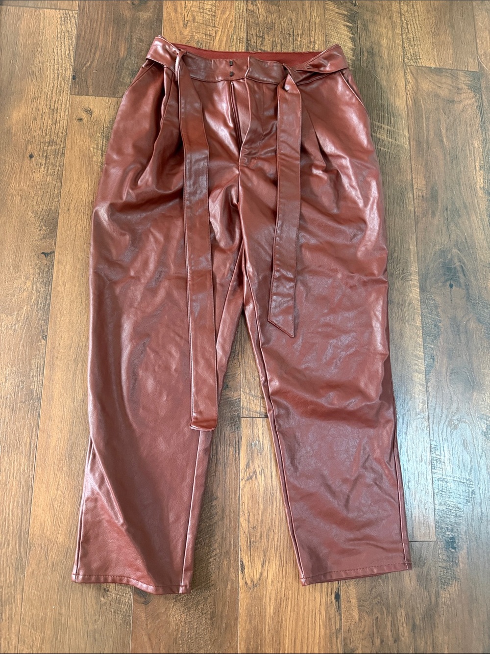Express Faux Leather Paperbag Pants - Burgundy